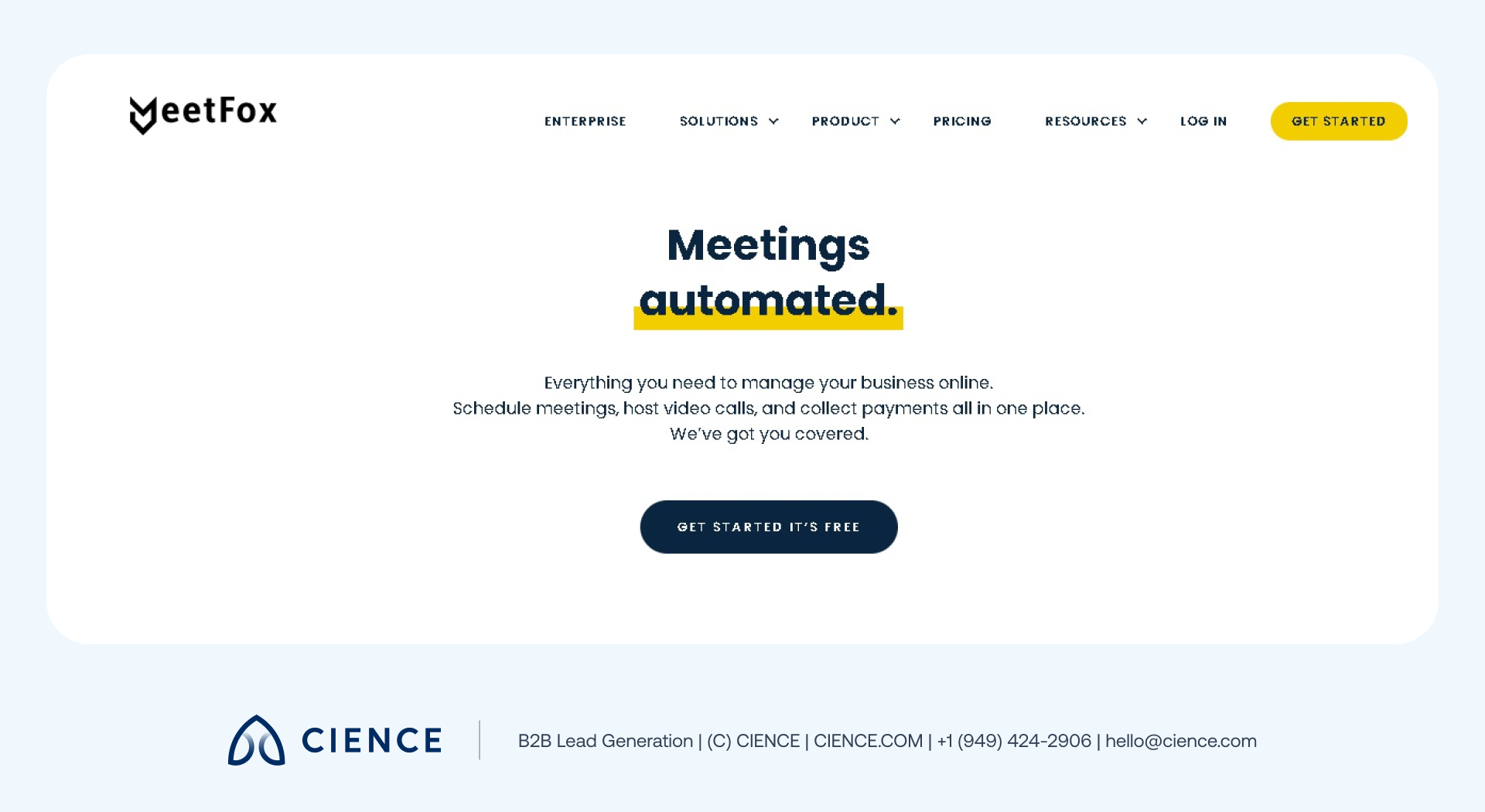 MeetFox virtual meeting scheduler showing one-click booking, secure video conferencing, and payment processing integration